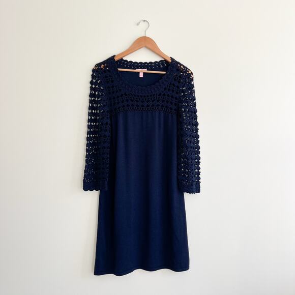 Lilly Pulitzer Sweater Shift Kariana Crochet Navy 100% Wool Dress, Size Large - Picture 4 of 11